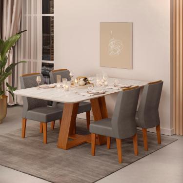 Imagem de Conjunto Sala de Jantar 4 Cadeiras Tampo Sem Vidro 170x90 DJ Móveis Kiara Freijó Quartzo Lidia Veludo Lunar