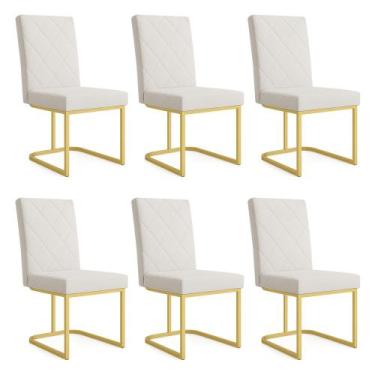 Imagem de Kit 06 Cadeiras de Jantar Estofada Siena Linho Base de Ferro Dourada -