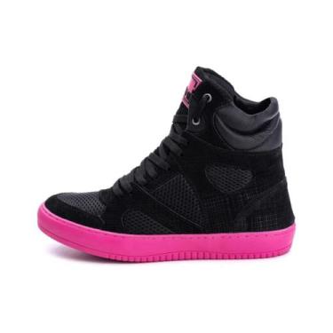 Imagem de Tênis Sneaker Cano Alto em Couro Academia Bawmi, Preto com rosa, 37