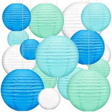 Imagem de 16 lanternas de papel penduradas redondas azuis lanternas de papel decorativas 15 cm, 20 cm, 25 cm, 30 cm, quatro cores, lanternas chinesas para aniversário, festa de casamento, chás de bebê, dia dos
