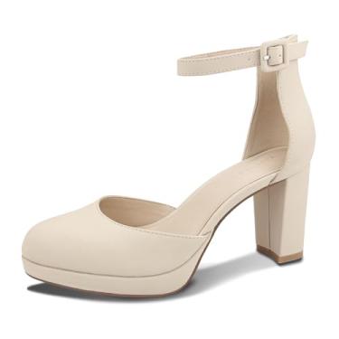 Imagem de UMECOOL Saltos Grossos Fechados Para Mulheres, Sapatos Femininos De Salto Redondo (Bege Pu, Adulto, 9,5, Numérico, Sistema Tamanho Calçados Dos Eua, Médio)