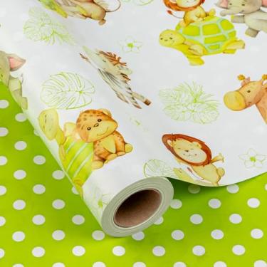 Imagem de Homeral Rolo de papel de embrulho para chá de bebê - design de animal fofo - 43 cm x 40 cm, papel de embrulho verde reversível com leão, elefante, tartaruga, girafa, zebra, perfeito para aniversário