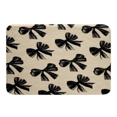 Imagem de Erosebridal Tapete de porta com laço, 50 x 81 cm, preto, laço para decoração de quarto de crianças, adolescentes, adultos, tapete de banho antiderrapante, preto, branco, decoração simples, tapete de