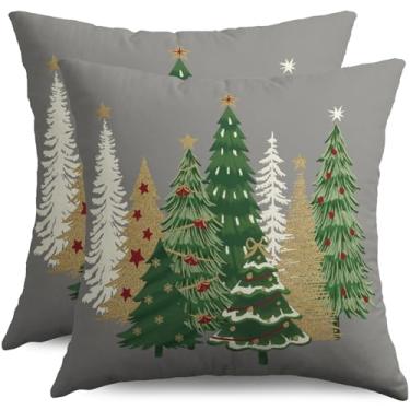 Imagem de Sivirary Capas de almofada cinza de Natal 45,7 x 45,7 cm, conjunto de 2 fronhas decorativas com estampa de árvore de Natal, cinza, verde, inverno, decoração para sofá, sofá-cama