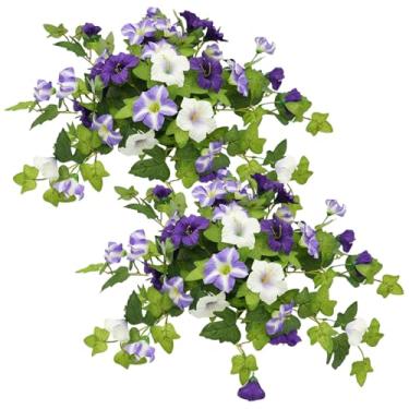 Imagem de 2 peças de flores artificiais para ambientes externos, flores de petúnias roxas e brancas realistas de 50,8 cm, plantas artificiais de seda resistente a UV para jardim, varanda, quintal, varanda