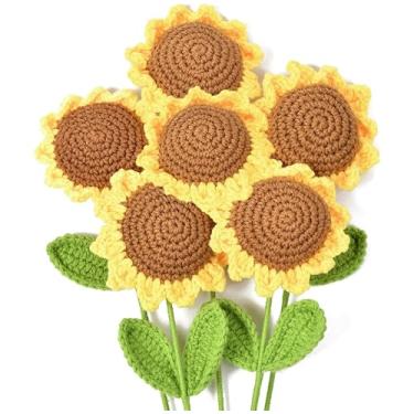 Imagem de Shop ZoomBee Girassóis de crochê feitos à mão – Pacote com 6 flores artificiais antialérgicas, decoração interna de casa, flores acolchoadas e hastes dobráveis, textura de fio macio, lindas pétalas e