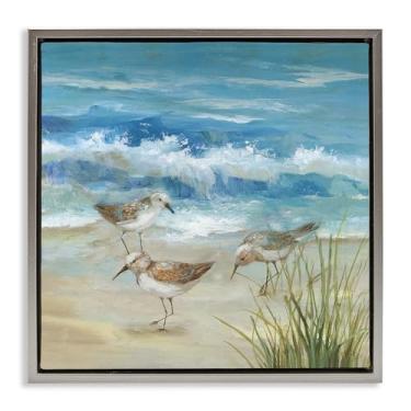 Imagem de Stupell Industries Beach Sandpiper Gathering Gray Framed Floater Canvas Wall Art Design por Nan, 63 x 63 cm