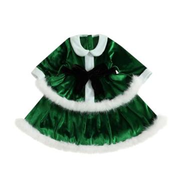Imagem de Roupa de Natal infantil para meninas, Papai Noel, veludo, lapela, vestido de manga comprida, vestidos de festa de princesa em camadas com cinto (verde, 2-3 anos)
