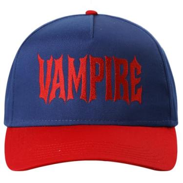 Imagem de MIRMARU Boné de caminhoneiro bordado de Halloween com 5 painéis, dois tons, ajustável, boné de beisebol para homens e mulheres, Vampiro, vermelho/ril, tamanho �nico