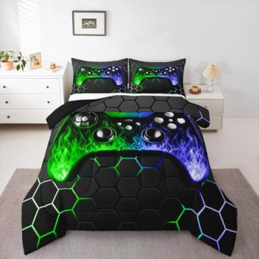 Imagem de Conjunto de edredom completo para meninos, crianças, verde, preto, adolescente, decoração de sala de jogos, videogame 3D, macio, geométrico, acolchoado, para crianças