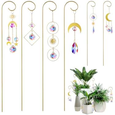 Imagem de HDCRYSTALGIFTS Pacote com 6 treliças pequenas para vasos de plantas internas com apanhador de sol de cristal colorido, apanhadores de sol com estaca de metal de 20 cm para decoração de plantas em vaso
