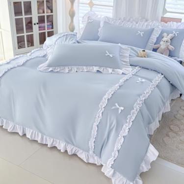 Imagem de IHOUSTRIY Capa de edredom azul tamanho Queen, conjunto de capa de edredom com laço fofo com fecho de zíper, 3 peças, conjunto de cama de microfibra macia com babados brancos com 4 laços (228 x 228 cm