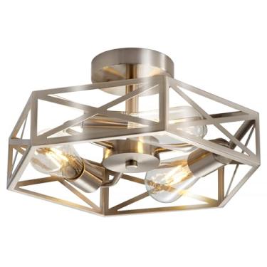 Imagem de WYNEYET Luminárias de teto de 14,5 polegadas, luzes de teto internas de níquel escovado para montagem semiembutida, gaiola de 3 luzes de metal perto de luzes de teto para quarto, sala de estar