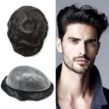 Imagem de Peruca masculina All Poly 100% cabelo humano sistema de pele fina PU injeção peruca para homens preto marrom loiro cinza unidades de 20 x 25,4 cm - 120% densidade #1 Jet Black
