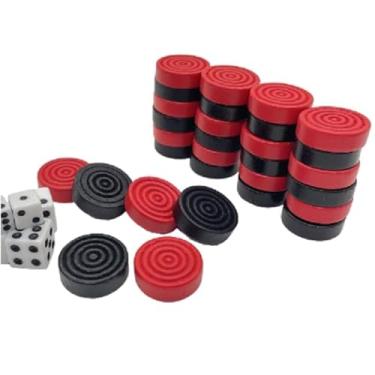 Imagem de 30 Pieces Wooden Backgammon Checkers Replacement Set Checker Board Games Playing Game Chips with 5 Dice Come with Drawstring Storage Pouch (Black&Red 1.06 inch)