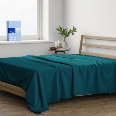 Imagem de THREAD SPREAD Lençol de cima California King 100% algodão – lençol de cima com 400 fios California King (1 peça, azul-petróleo), macio e sedoso, resfriamento, tecido de cetim, lençóis de cima de