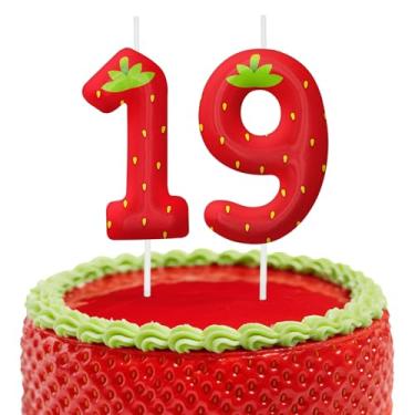 Imagem de Velas de aniversário de morango, decoração de topo de bolo de 6 cm, número 19 velas, decorações de aniversário, decorações de bolo de festa de aniversário, suprimentos de festa