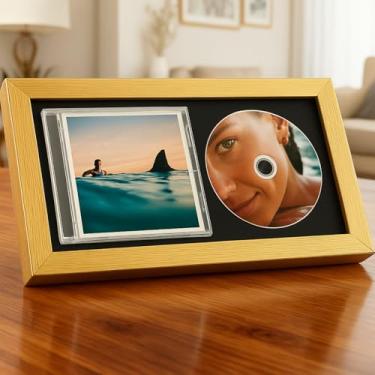 Imagem de Dunkive 1 Pc 13.7" x 7.5" CD Frame Display Case with Shatter-Resistant Glass, Double Groove Record Album Frame, Self Standing with Wall Hanger, Imitation Wood Polystyrene, Home Decor (Gold)