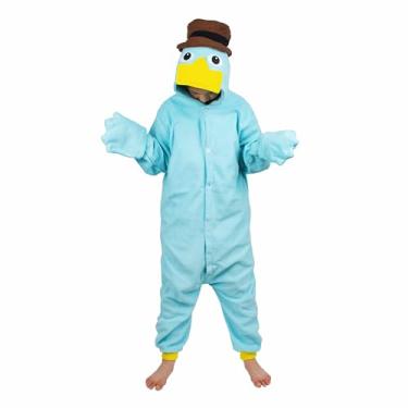 Imagem de Wishliker Pijama infantil de animal, fantasia de cosplay de Halloween, peça única, roupa de festa de Natal para meninos e meninas, Botão azul ornitorrinco, 9-10 Anos