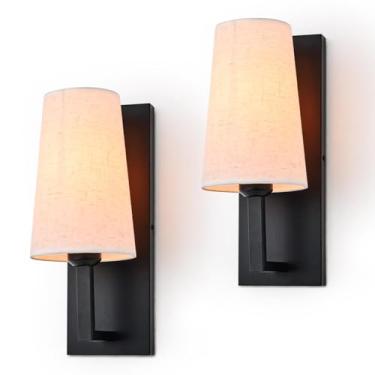 Imagem de Conjunto de 2 arandelas de parede pretas, luminária de parede com fio de fazenda com persiana de tecido de linho, luminária de leitura de parede moderna para cabeceira, quarto, sala de estar, corredor