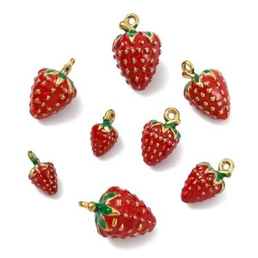 Imagem de UR URLIFEHALL 8 peças, 4 estilos, amuletos esmaltados de aço inoxidável de morango vermelho, banhado a ouro 18 K, pingentes de frutas 3D para joias DIY, colar, brincos, pulseiras