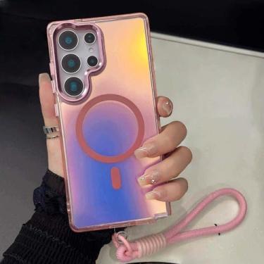 Imagem de Capa com alça de pulso gradiente para Samsung 25 24 Ultra S23 Plus 24 FE A55 A35 A25 A16 Capa com carregamento sem fio, rosa, para Samsung S24 Plus