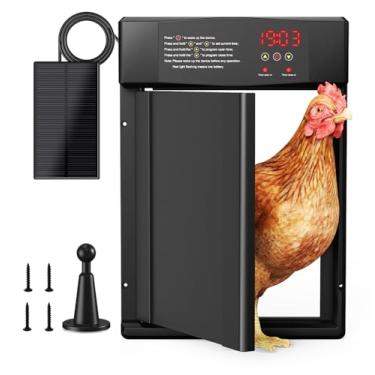 Imagem de Porta automática de galinheiro alimentada por energia solar, temporizador inteligente e sensor de luz, porta anti-beliscar com tela de LED, à prova de intempéries para todas as estações