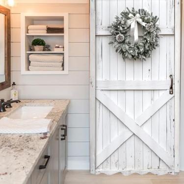 Imagem de Yookeb Cortina de chuveiro Stall para porta de celeiro de Natal 91 cm x 188 cm meia pequena rústica fazenda, Natal, inverno, madeira, madeira, tecido de poliéster com ganchos de plástico, decoração à