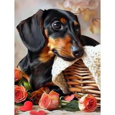 Imagem de Kits de pintura de diamante Dachshund para adultos 5D flores frescas cães dachshund arte de diamante fácil para iniciantes redondo broca completa ponto cruz mosaico pedras artesanato para hobby
