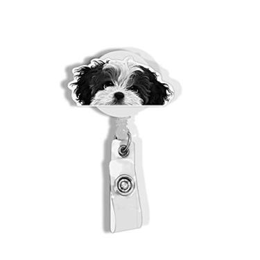 Imagem de WIRESTER Carretel de crachá retrátil com clipe jacaré para funcionários de escritório, equipes médicas, estudantes - cão Shih Tzu preto e branco