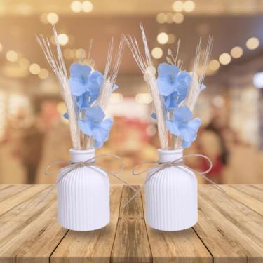 Imagem de Kit 2 Arranjos Com Vasos de Gesso Planta Artificial Decorativa(Flor azul/trigo)