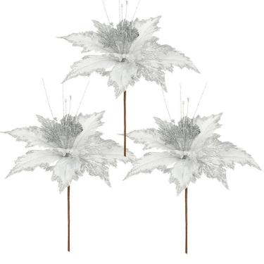 Imagem de Jogo 3 Pick Natalino Flor Bico de Papagaio Prata Borda Glitter Luxo 25cm x 16cm