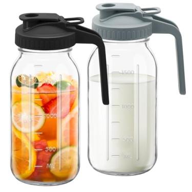 Imagem de Jarro de vidro com tampa dupla à prova de vazamento com alça, recipiente de geladeira de boca larga para leite materno para água, suco (2, preto e cinza, 1,814 g)
