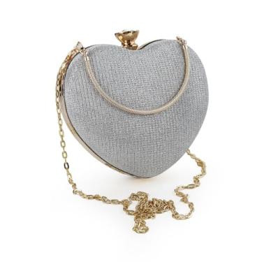 Imagem de Feelorna Bolsa clutch feminina, moda em forma de coração, bolsa transversal brilhante com corrente removível para festas, Prata, Small