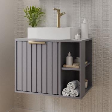 Imagem de Gabinete para Banheiro 60cm com 1 Porta 2 Nichos e Cuba de Sobrepor Noruega Platina