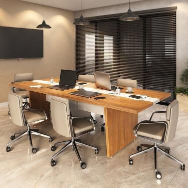 Imagem de Kit Mesa Reunião Escritório 6 Lugares Com 1 Módulo P/Extensão, Caixa De Tomada, TampoTamburato 50mm Freijó/Branco
