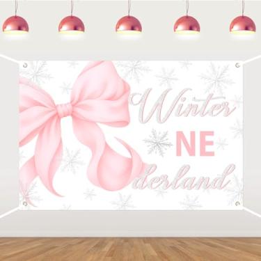 Imagem de Winter Onederland Pano de fundo rosa laço decoração de primeiro aniversário rosa prata floco de neve fotografia fundo de inverno Onederland faixa de 1º aniversário para meninas, decoração de festa de
