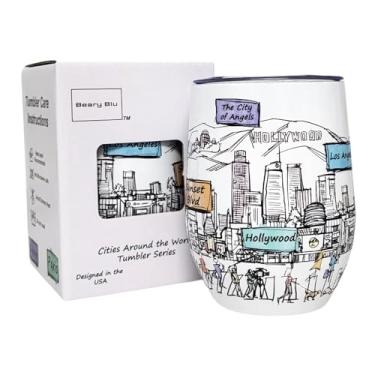 Imagem de Beary Blu Cidades ao redor do mundo Série de copos de 355 ml - Projetado nos EUA - Copo isolado a vácuo com tampas - Caneca de viagem de aço inoxidável para vinho e café, água, para bebida quente e
