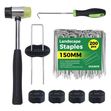 Imagem de 200 peças de grampos de paisagem, 15,2 cm + 200 peças de gaxeta + gancho de palheta de borracha, grampos de estacas de jardim, grampos galvanizados em forma de U, pinos de paisagem de jardim para