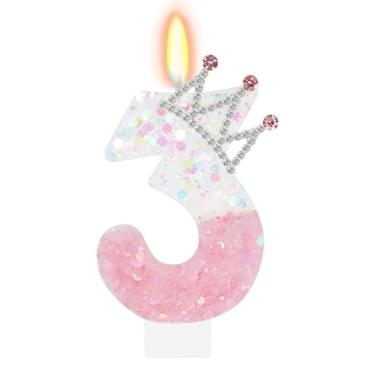 Imagem de ElekFX Vela número 3 rosa e branca, topo de bolo com coroa de glitter, decorações de festa de aniversário de princesa para meninas e mulheres, lembrancinhas de festa de aniversário