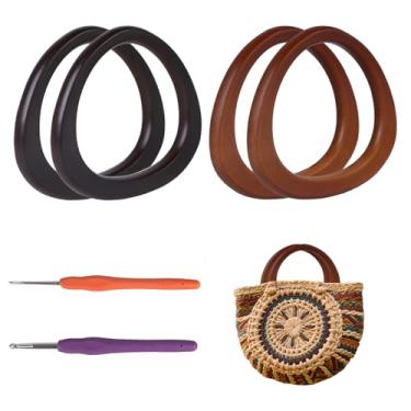 Imagem de Hilltian 4 + 2 peças de alças de bolsa em forma de D com ganchos de crochê, alças de bolsa de madeira para bolsa de crochê feita à mão, suprimentos para confecção de bolsas, 2 cores