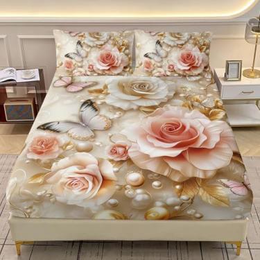 Imagem de AILONEN Jogo de lençol Queen rosa dourado rosa, linda flor borboleta para meninas e mulheres, 3 peças de lençol com elástico floral macio e 2 fronhas