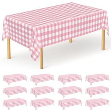 Imagem de Pacote com 12 toalhas de mesa retangulares, 137 x 274 cm, toalha de mesa de plástico descartável, capa de mesa quadriculada rosa e branca à prova d'água para piquenique ao ar livre, artigos de festa