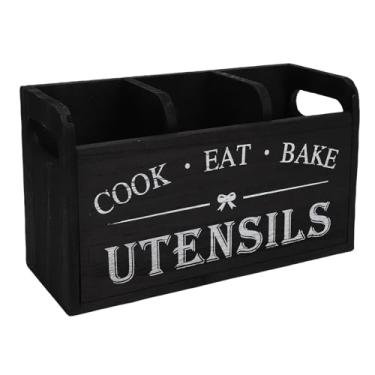 Imagem de YOUTHINK Organização de Gabinete e Gaveta Mansonia Wood Utensil Titular Com 3 Compartimentos para Ferramentas de Cozinha de Cozinha e Restaurante Organizador de Bancada de Madeira, Organizador de