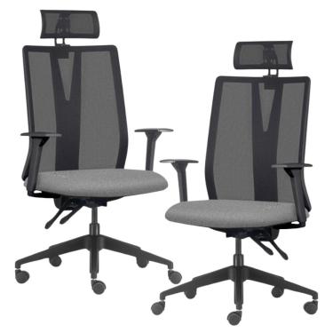 Imagem de Kit 2 Cadeiras Escritório Giratória Presidente Flow F02 Base Preta Linho Cinza Escuro - Lyam Decor