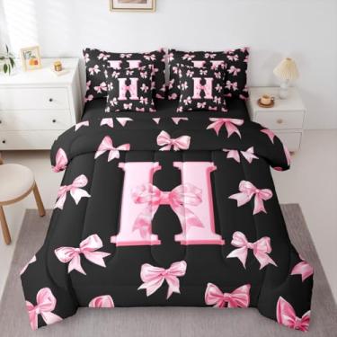 Imagem de Erosebridal Conjunto de cama com letra H com letra H, conjunto de edredom com laço monogramado personalizado, tamanho solteiro, para crianças, meninas, adolescentes, lençol fofo com laço e laço em uma