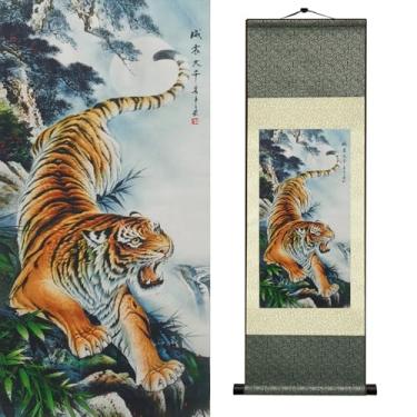 Imagem de Newscz Arte de parede florestal de bambu noturna de tigre rugindo, estilo zen, arte de vida selvagem, arte tradicional asiática para escritório em casa, hotel, lobby spa, sala, sala de estar