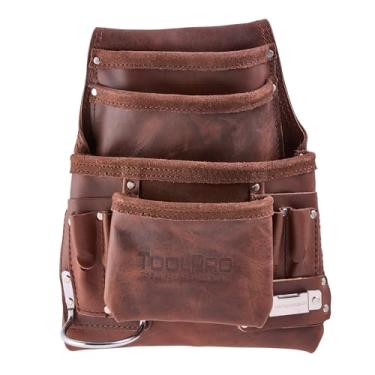 Imagem de ToolPro Bolsa de unha com 10 bolsos para ferramentas, equipamentos de drywall, parafusos, martelos, alicates – Bolsa de cinto de couro curtido a óleo resistente para construção, carpintaria, telhados