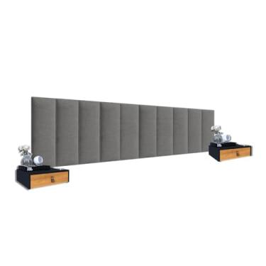 Imagem de Kit 2 Mesas De Cabeceira Suspensa Mdf + Cabeceira King Size Para Cama 2m Modular Cinza (Preto/Nature - Cinza)