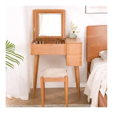 Imagem de Escrivaninha de penteadeira Penteadeira pequena de madeira sólida com espelho dobrável, penteadeira para quarto, computador, armário armazenamento integrado, vaidade maquiagem